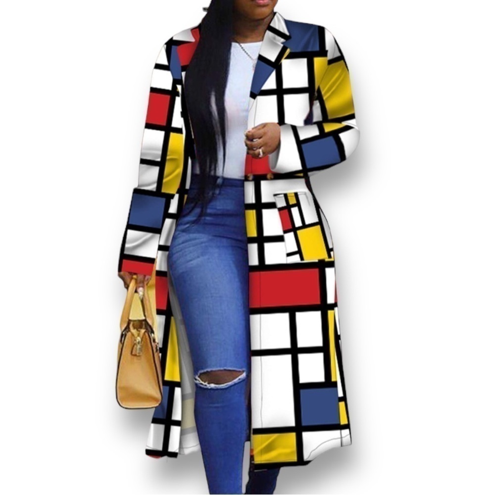 Women’s Colorful Turn Down Collar Geometric Maxi Trench Coat